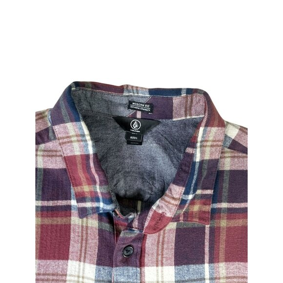 VOLCOM Men's Flannel Shirt True to This Sz Large Red Blue White Plaid Button-Up - Picture 3 of 13